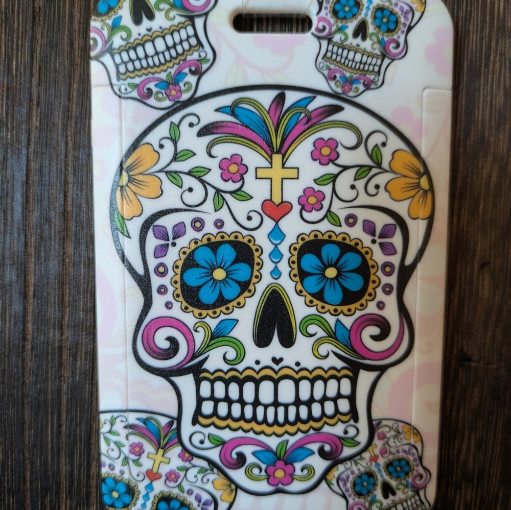 Sugar Skull Badge Holder with Retractable Reel - White